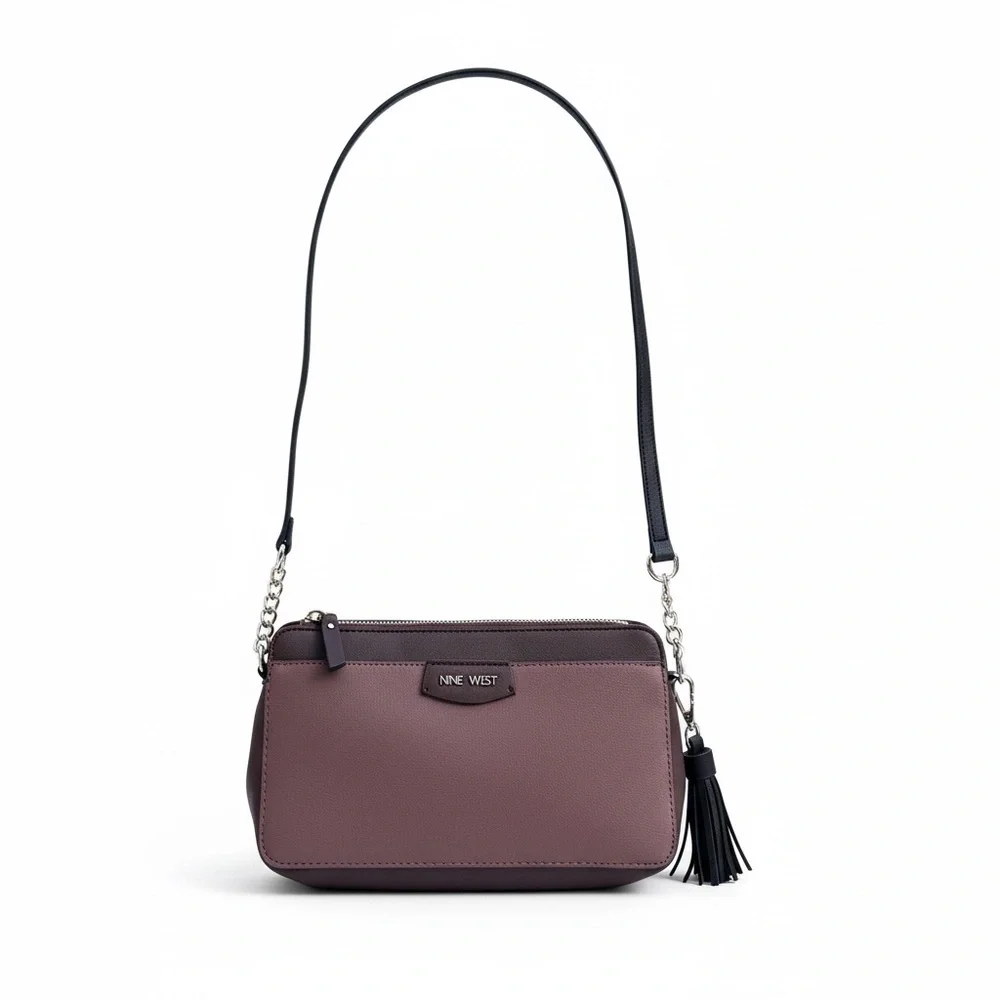 Nine West Plum Crossbody Bag Purple Leather Tassel Adjustable Strap - Picture 2 of 13